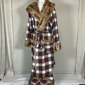 Pottery Barn Red Plaid Housecoat with Faux Fur Trim and Slippers